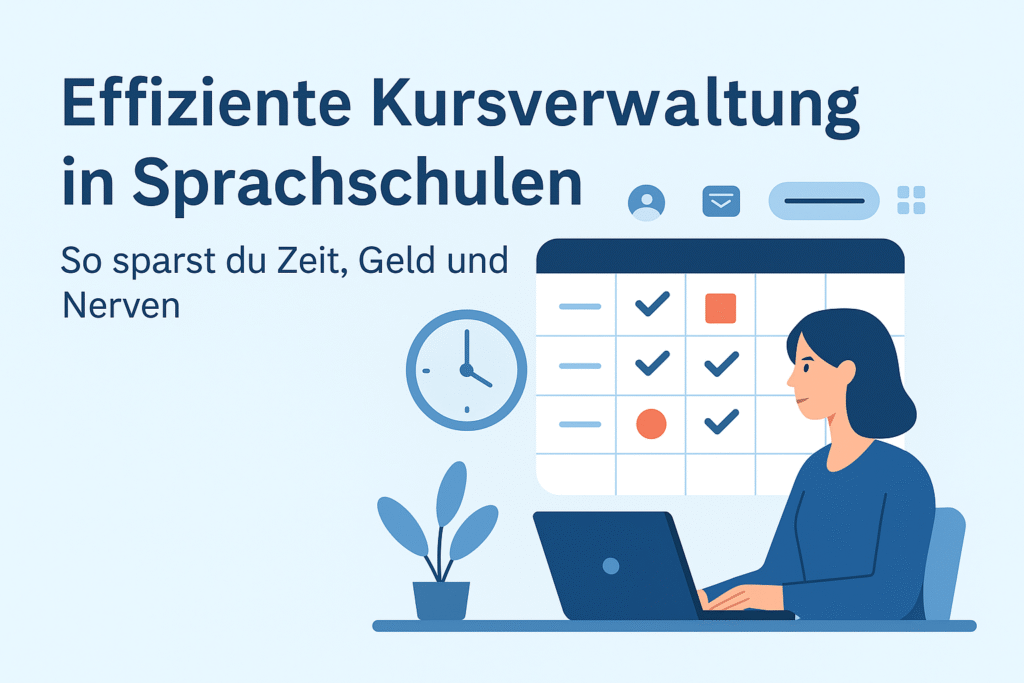 Illustration einer Frau am Laptop vor einem digitalen Kursplan mit Häkchen und Symbolen. Überschrift: “Effiziente Kursverwaltung in Sprachschulen – So sparst du Zeit, Geld und Nerven”. Im Hintergrund Uhr, Pflanze und Interface-Icons. Helles, modernes Flat-Design in Blau-Tönen.